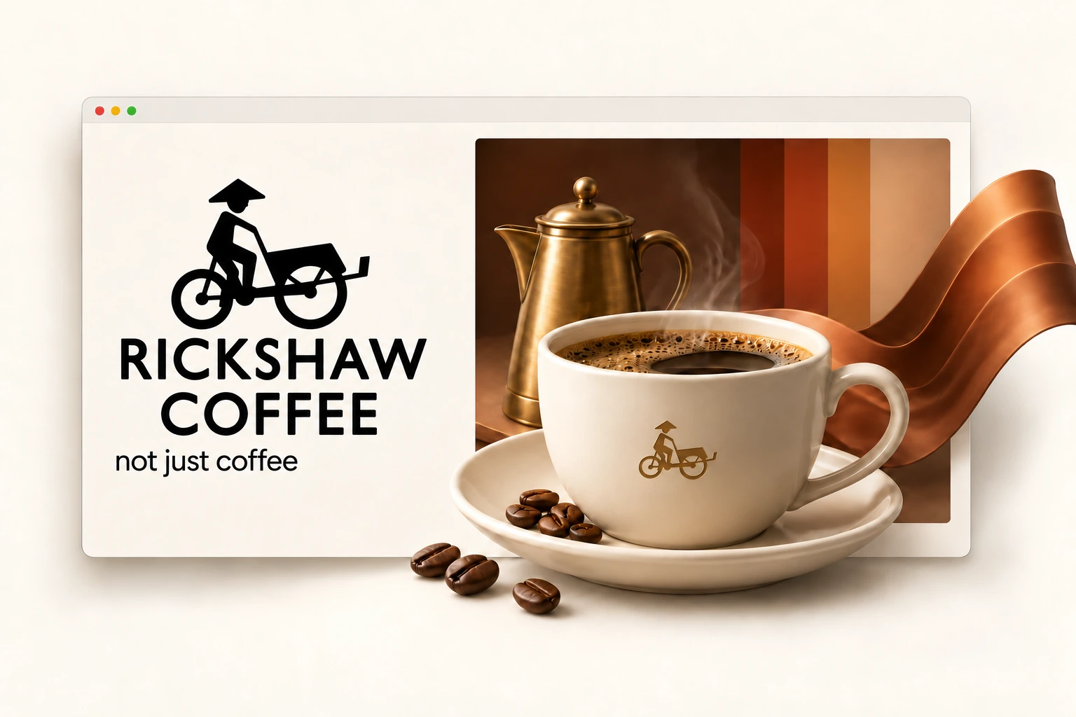 Rickshaw coffee cup, pot and brand artwork